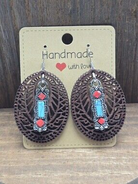 NWT Wood Faux Turquoise Earrings Pierced Silver Tone Oval Western Dangle Drop